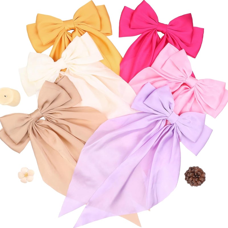 MRJ 6 Pcs Silky Satin Hair Bows Big Hair Ribbons for Women Large Hair Clips for Girls Hair Accessories Barrettes Metal Clips Bowknot Aesthetic - Image 3